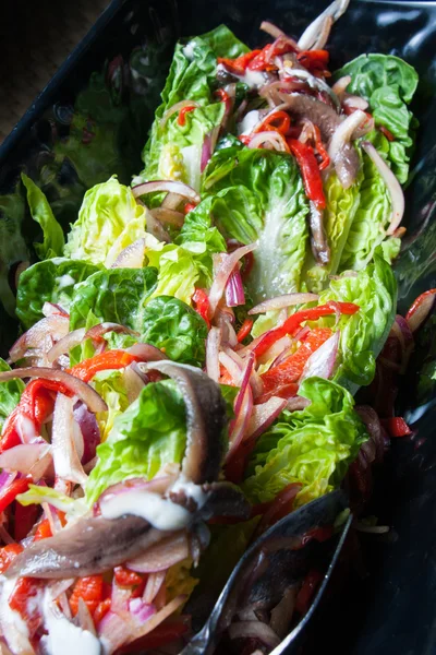 Salada com fis legumes frescos cebola treliça e pimenta — Fotografia de Stock