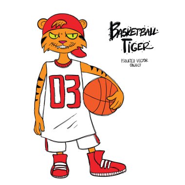 Basketbol kaplanı. Orijinal el çizilmiş çizgi film karakteri. Beyaz üzerine izole.