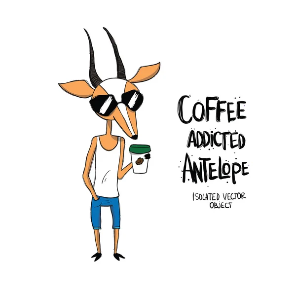 Antilope viciado em café. Personagem de desenho animado desenhado à mão original. Isolado em branco . — Vetor de Stock
