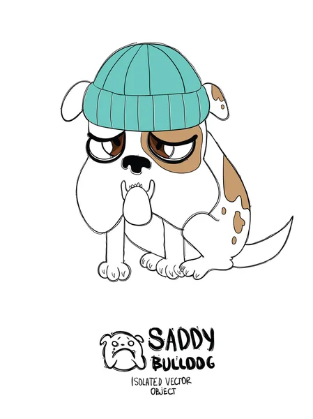 Saddy Bulldog. Oryginalna, ręcznie rysowana postać z kreskówek. Izolowane na białym tle. — Wektor stockowy