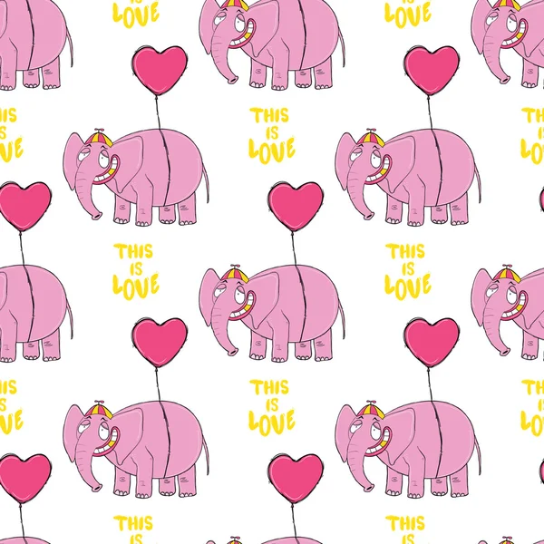 분홍색 코끼리입니다. 원래 손으로 그린 만화 캐릭터입니다. 높은 퀴율 이음새있는 패턴. — 스톡 벡터