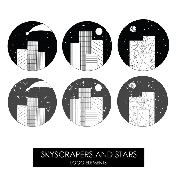 Gökdelenler ve yıldızlar. Yüksek kaliteli orijinal logo. Güzel minimalizm. Grunge sürümü
