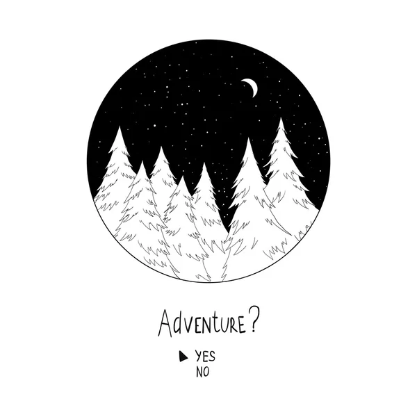 Yüksek kaliteli vektör elle çizilmiş çizim. Gece orman.