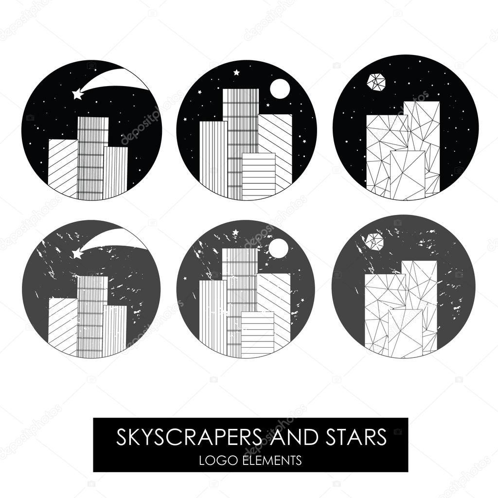 Skyscrapers and stars. High quality original logo. Beautiful minimalism. Grunge version.