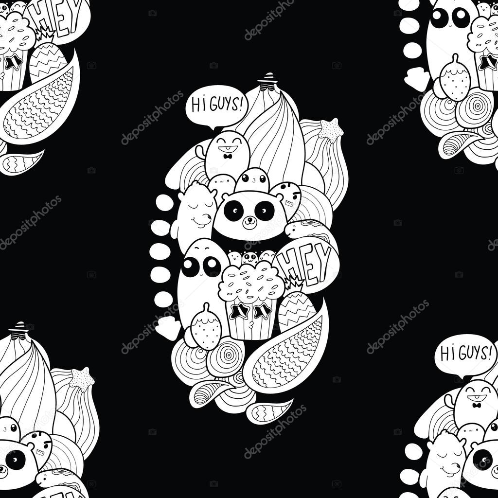 Doodles! Black and white high quality vector seamless pattern.