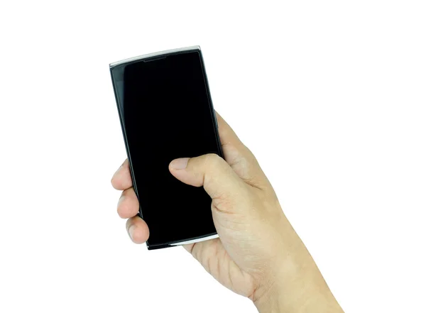 Ręka trzyma nowoczesny smartfon z ekranem puste i czarne na białym tle — Zdjęcie stockowe
