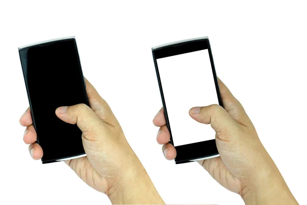 Рука тримає сучасний смартфон з порожнім і чорним екраном ізольовано — стокове фото
