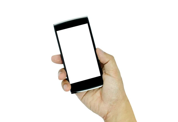 Tenuta a mano smartphone moderno con schermo bianco sul retro biancogr — Foto Stock