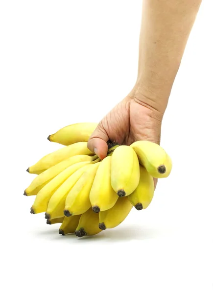 Mano agarrando plátanos amarillos aislar fondo blanco . — Foto de Stock