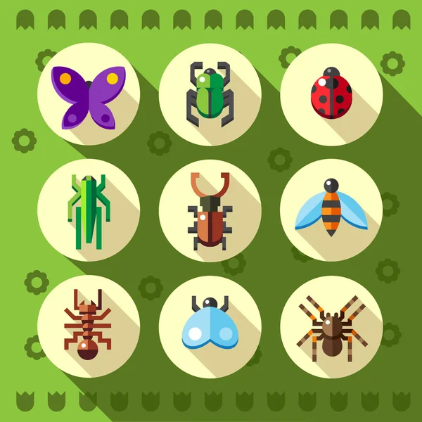 Coloridos iconos de insectos planos — Vector de stock