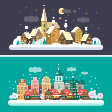 Noel zamanı. Şehir ve köy manzaraları