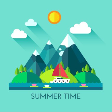 Renk vektör düz simge kümesi ve illüstrasyon yaz saati