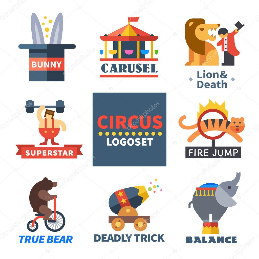 Circus emblems. Carousel, lion, tiger, elephant, bear, gymnast, athlete, rabbit, gun. Vector flat logos