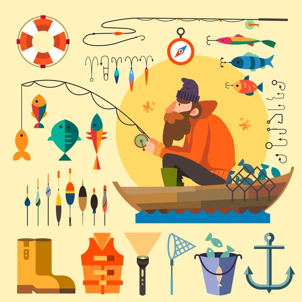 在船上钓鱼的渔夫 — 图库矢量图片