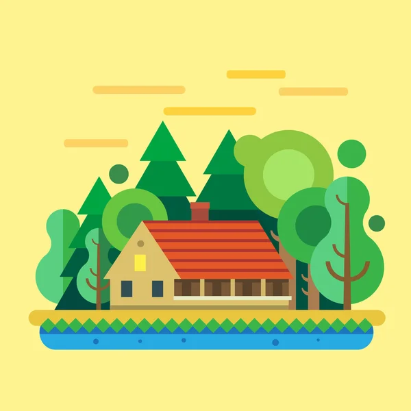 House in  forest, summer landscape — Stock Vector