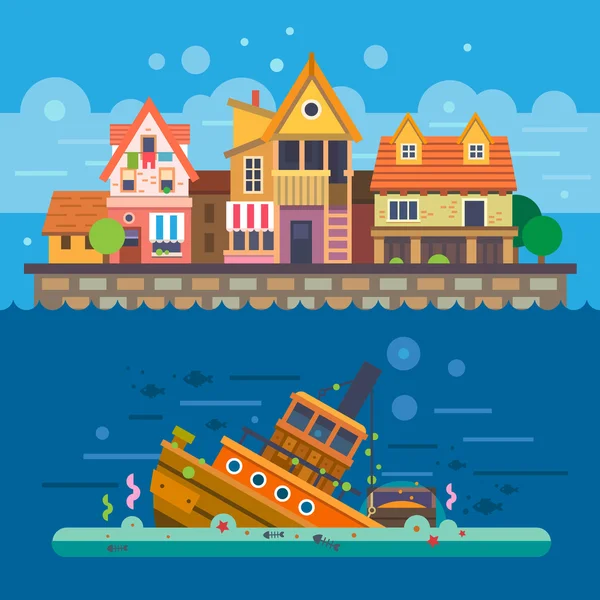 Casas junto al mar. Arrastramiento — Vector de stock