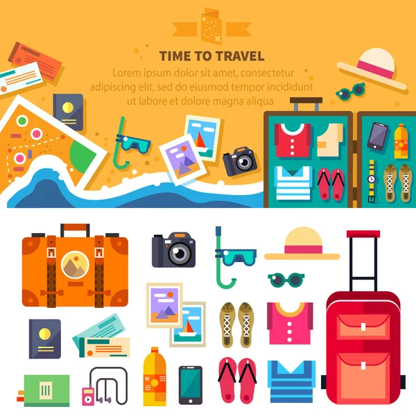 Tiempo para viajar, vacaciones de verano, descanso en la playa — Vector de stock