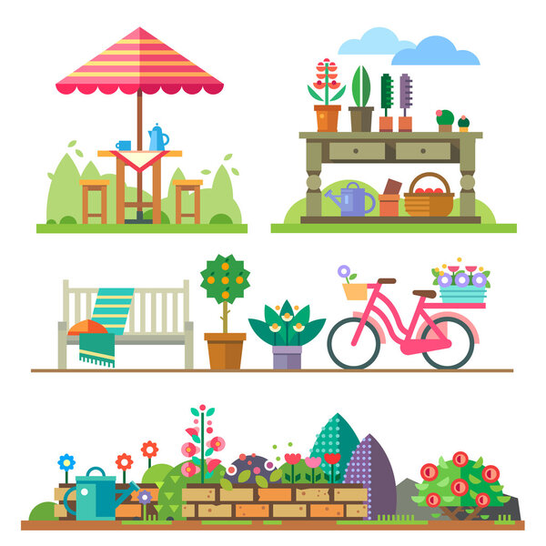 Garden landscapes, summer and spring