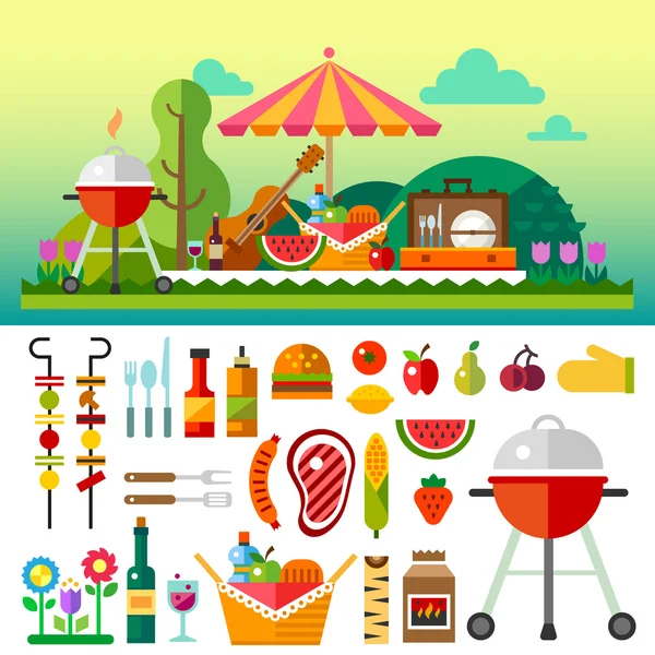 Picnic de verano en el prado con flores — Vector de stock