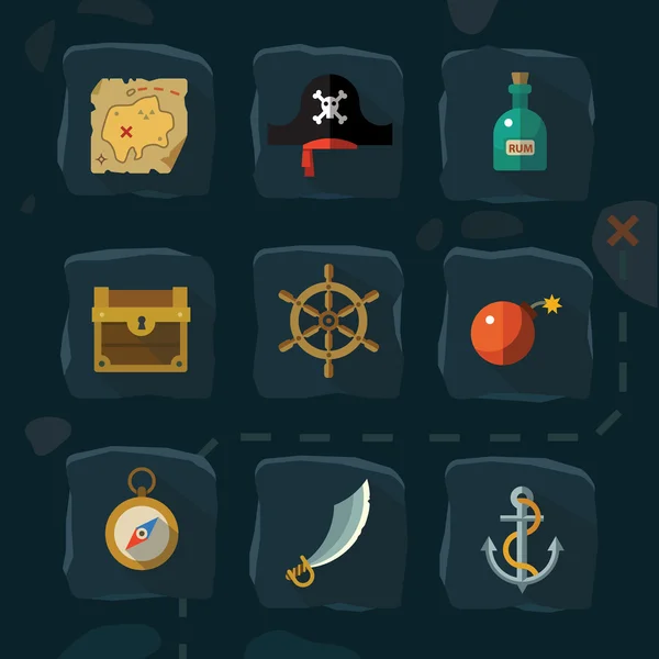 Set di icone piatte a colori vettoriali e illustrazioni avventura pirata — Vettoriale Stock