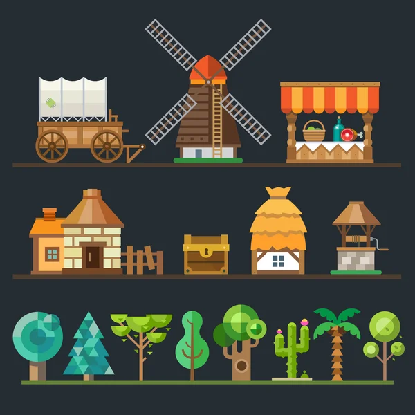 Vieux village. Différents objets, sprites — Image vectorielle