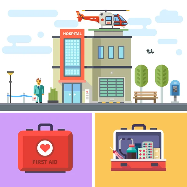 Hospital building with a helicopter on roof — Stock Vector