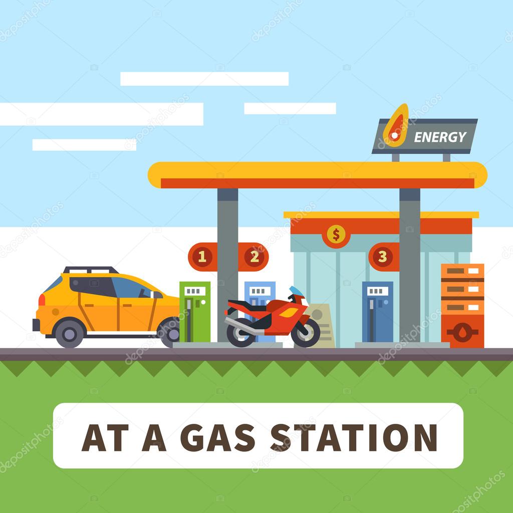Car and motorcycle at a gas station