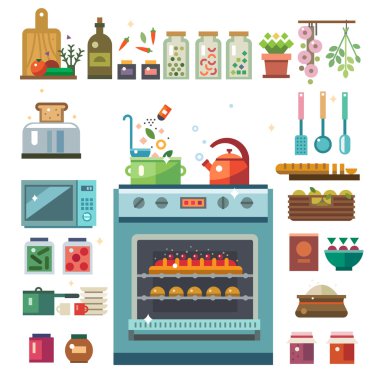 Home kitchenware, food and devices in color vector flat illustrations clipart