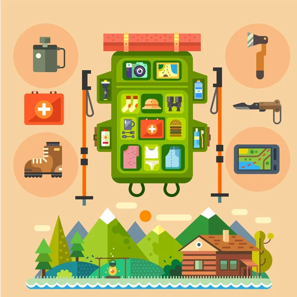 Mochila viajera. Casa en el bosque — Vector de stock