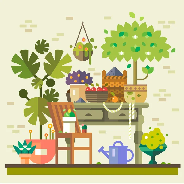 Cosecha en el campo. Mesa con flores — Vector de stock