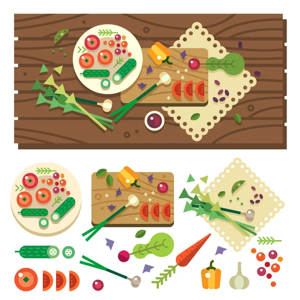 Dining table with vegetables top view Vector Graphics