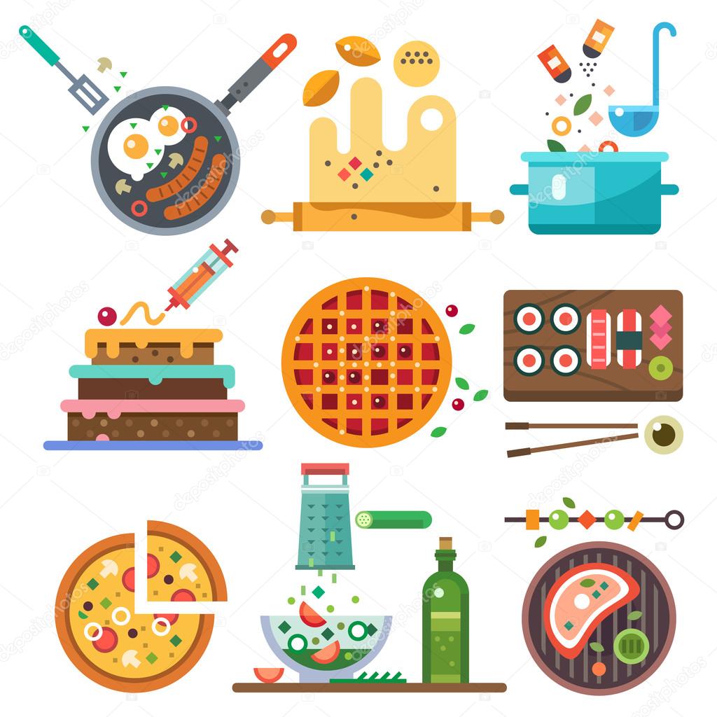 Illustrations of food in the cooking process