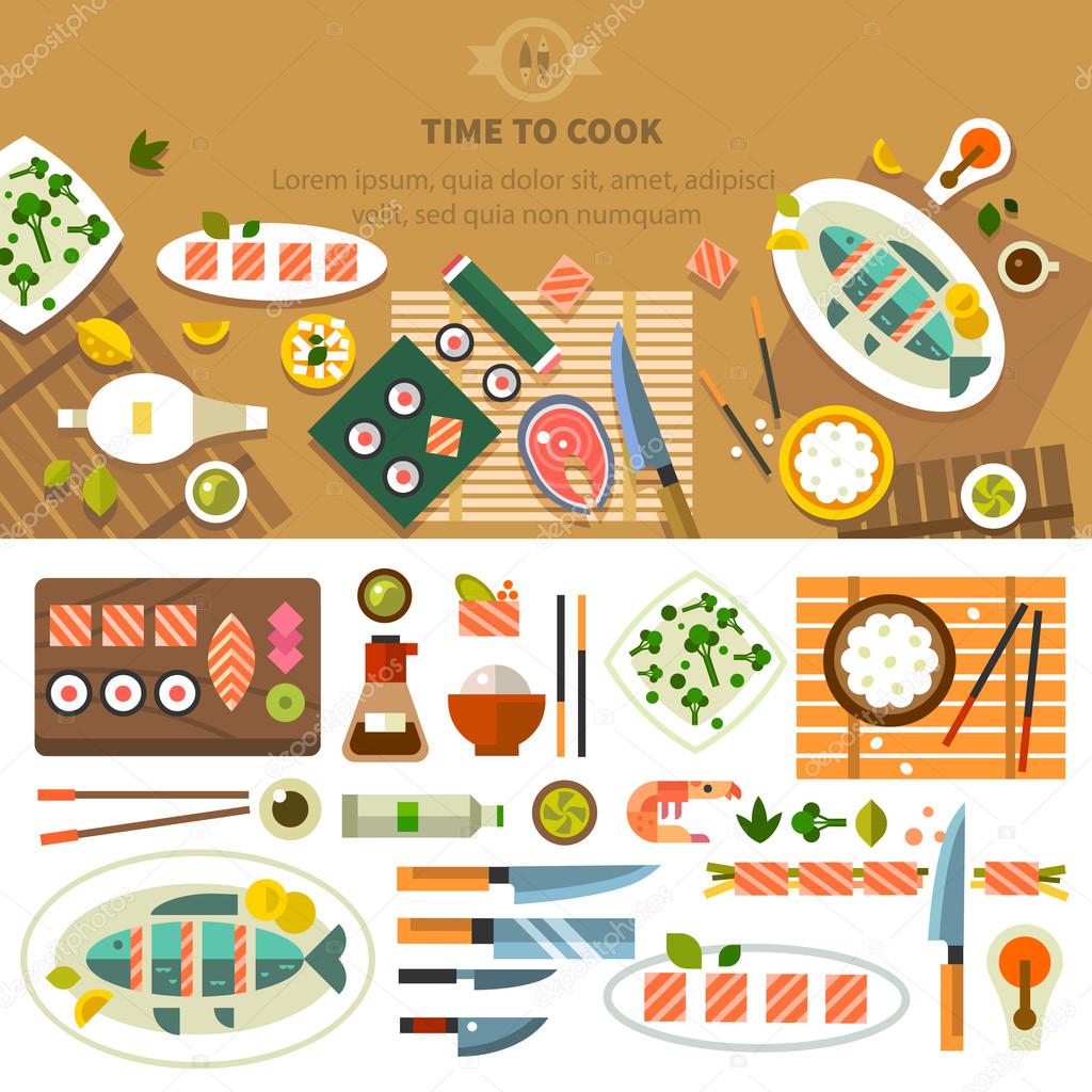 Dining table with dishes in top view. Restaurant asian cuisine: chef prepares sushi and fish. Devices for cooking, kitchenware. Vector flat illustration