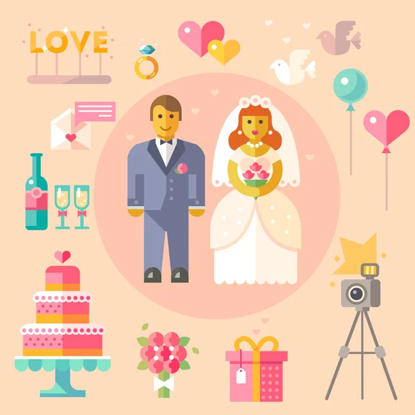 Ilustración plana del vector de la boda, recién casados felices en un acontecimiento importante — Archivo Imágenes Vectoriales