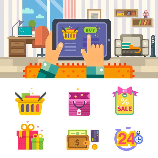 Shopping in internet, order the online store up to the house — Stock Vector