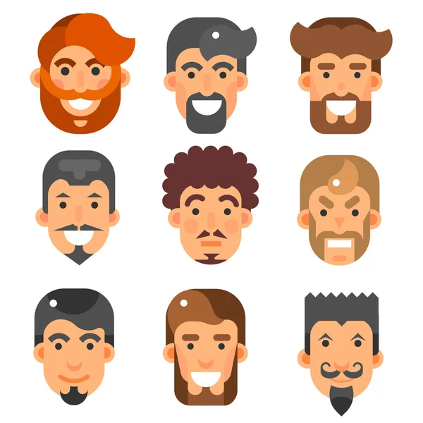Conjunto de cabeças masculinas de barba plana vetorial —  Vetores de Stock