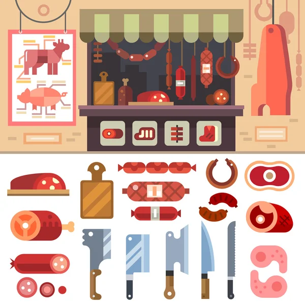 Variety of food in the butcher shop, delicious meat products for sale — Stock Vector