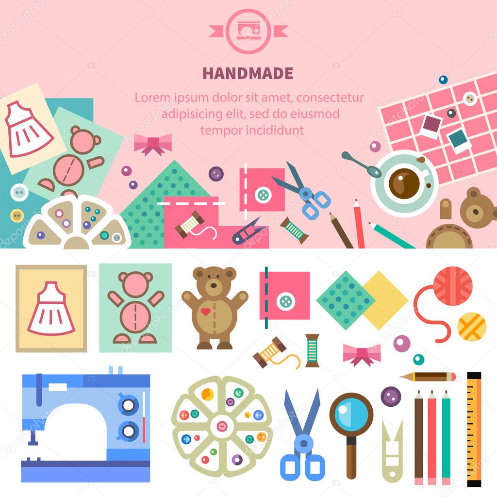 Homemade toys and clothes, tools and materials for handmade