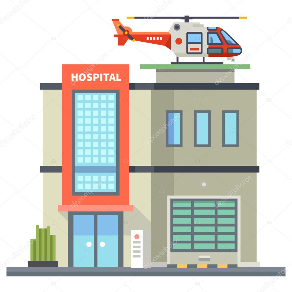 Building of hospital. Helicopter on roof