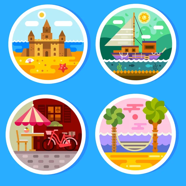 Zomer landschappen in ronde badges — Stockvector