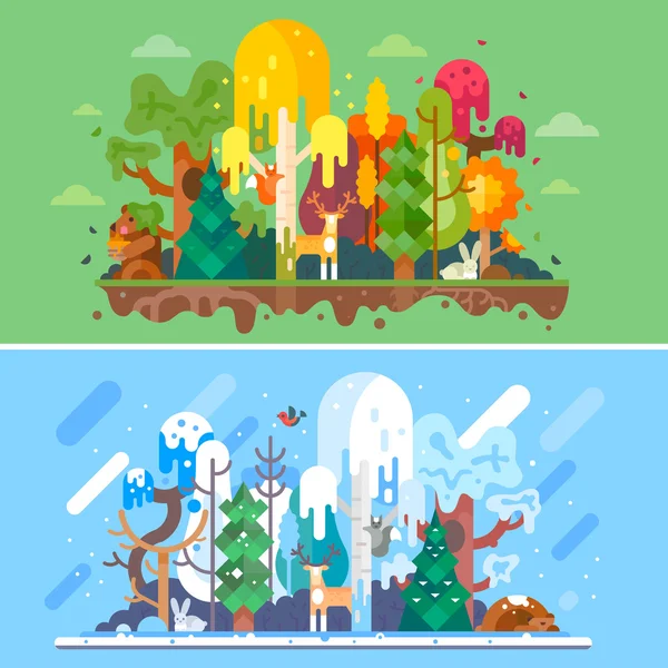Paysages forestiers d'automne et d'hiver . — Image vectorielle