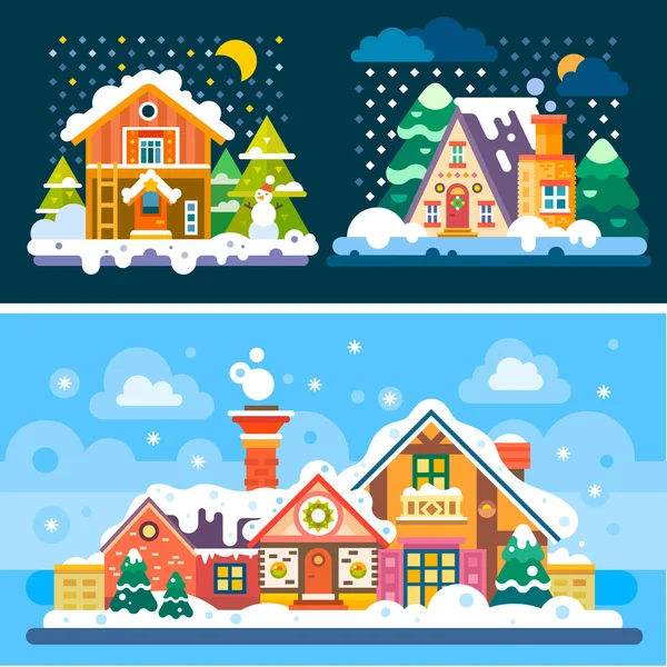 Bonitos paisajes de día y noche de invierno Ilustración de stock