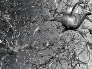 Neural ağ gri bir arka plan üzerinde. Aktif nöron beyin söketler
