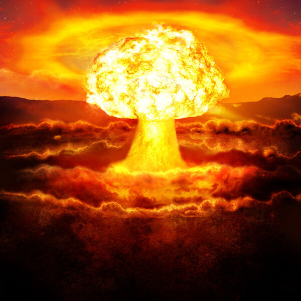Powerful explosion of the atomic bomb in the desert. Nuclear war