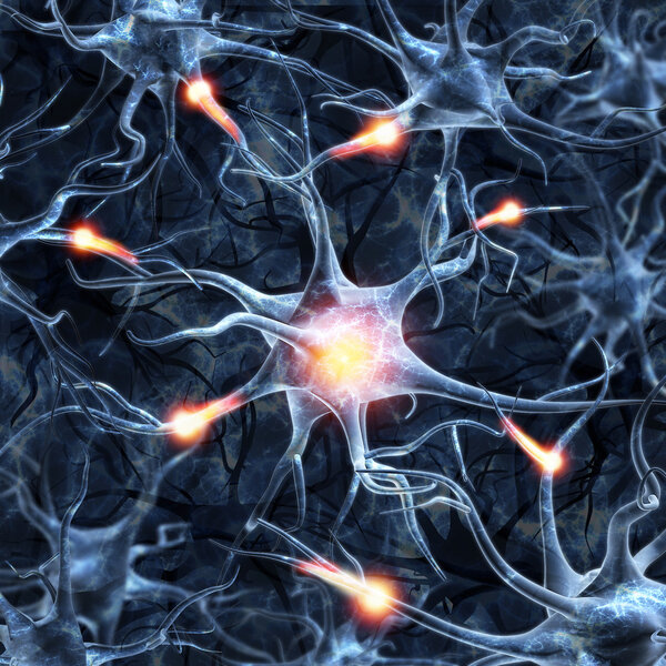Illustration of neurons on a colored background with light effec