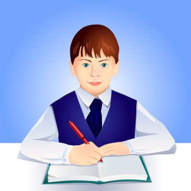 Öğrenci bir defterde yazılı bir okul masasında. Vektör illustrat