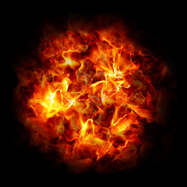 Big ball of fire. Bright explosion on a black background. Ball l