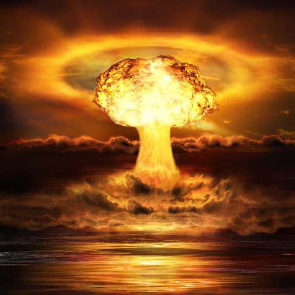 Powerful explosion nuclear bomb in ocean. Nuclear war. A high re — Stock Photo, Image