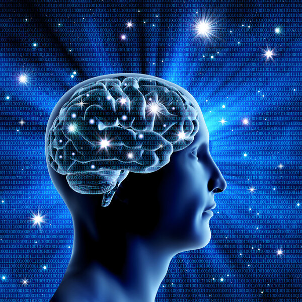Human brain on a blue background with bright stars. Bright flash