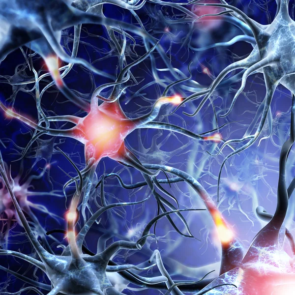 Neurala nätverk på en blå bakgrund med ljuseffekter. Aktiva n — Stockfoto
